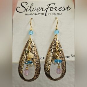 SILVER FOREST Bead Cascade in Tear Gemstone Oval Brass Earrings